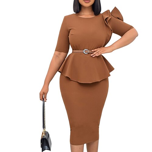 

Women's Plus Size Holiday Dress Solid Color Crew Neck Ruffle Half Sleeve Fall Winter Work Knee Length Dress Work Dress