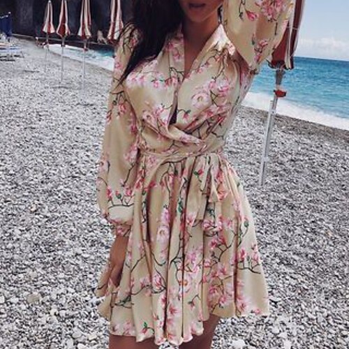 

Women's A Line Dress Short Mini Dress Light Pink Long Sleeve Floral Print Spring Summer V Neck Casual 2022 S M L XL