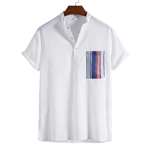

Men's Shirt Striped Stand Collar Street Casual Button-Down Print Short Sleeve Tops Casual Fashion Streetwear Cool White