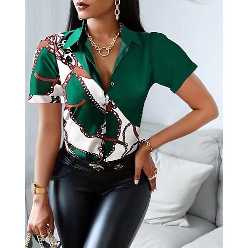 

Women's Blouse Shirt Green Pink Orange Graphic Floral Button Print Short Sleeve Daily Weekend Streetwear Casual Shirt Collar Regular Floral S / 3D Print