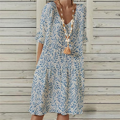 

Women's Shift Dress Knee Length Dress Blue Gray Half Sleeve Floral Pocket Print Spring Summer V Neck Casual Vacation 2022 S M L XL XXL