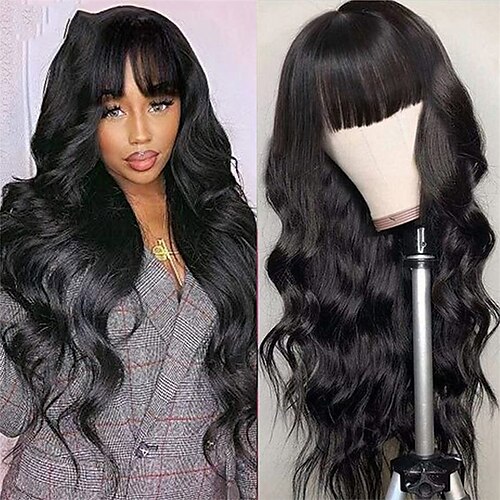 

Remy Human Hair Wig Body Wave With Bangs Natural Black Capless Brazilian Hair Women's Natural Black #1B 8 inch 10 inch 12 inch Party / Evening Daily Wear Vacation