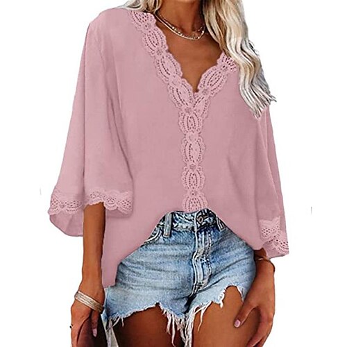 

the united states spring summer new women's shirts flared sleeves v-neck lace lace loose shirt women