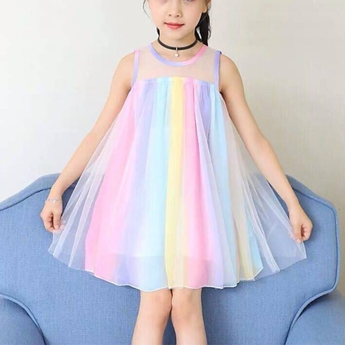 

Kids Little Girls' Dress Patchwork Color Block Strap Dress Daily Patchwork Rainbow Above Knee Sleeveless Beautiful Cute Dresses Spring Summer Regular Fit 2-6 Years