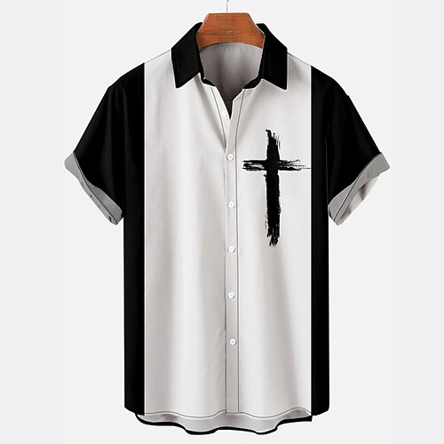 

Men's Shirt Color Block Turndown Street Casual Button-Down Short Sleeve Tops Casual Fashion Breathable Comfortable Black / White