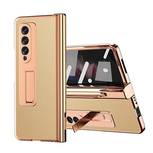 

Phone Case For Samsung Galaxy Full Body Case Z Fold 3 Bumper Frame with Stand Plating Solid Colored PU Leather