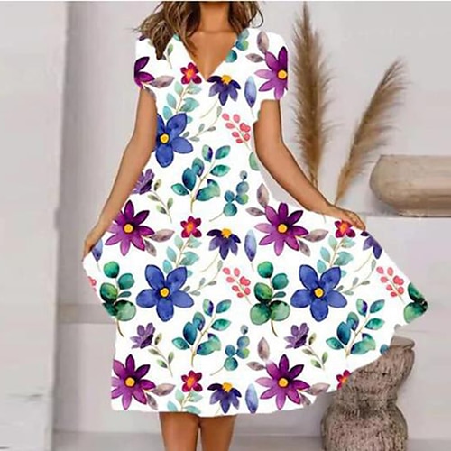 

Mulheres Vestido A Line Vestido Swing Vestido no Joelho Branco Manga Curta Floral Imprimir Primavera Verão Decote V Elegante Casual Férias 2022 S M L XL XXL 3XL