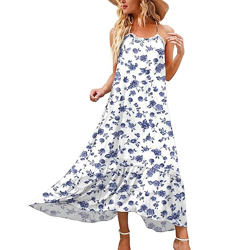 

Women's Sundress Midi Dress Green Blue Black Sleeveless Print Ruffle Plus High Low Print Summer Round Neck Stylish Casual Boho 2022 S M L XL