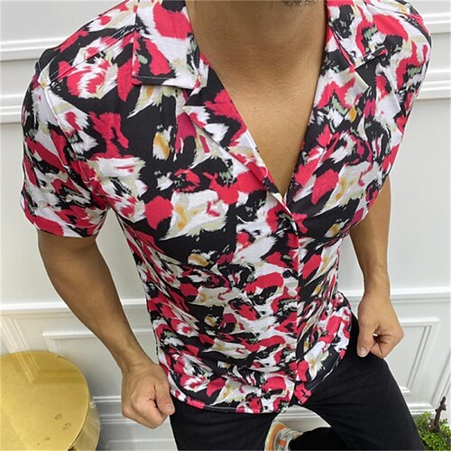 

Men's Shirt Print Floral Turndown Street Casual Button-Down Short Sleeve Tops Casual Fashion Breathable Comfortable Black / Red