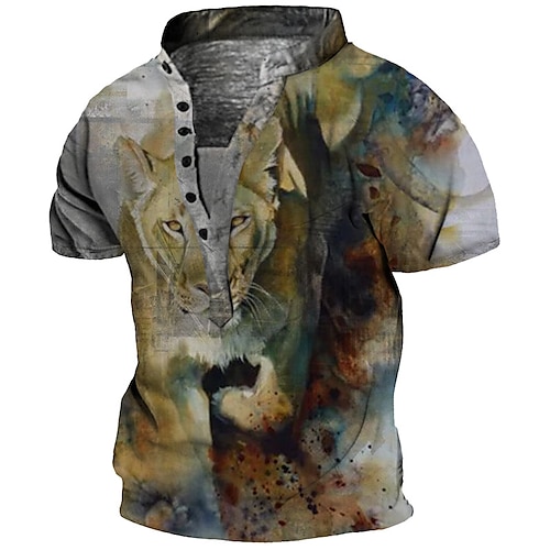 

Men's Henley Shirt Tee T shirt 3D Print Graphic Leopard Animal Plus Size Stand Collar Daily Sports Button-Down Print Short Sleeve Tops Basic Casual Designer Big and Tall Brown