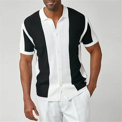 

Men's Shirt Color Block Turndown Street Casual Button-Down Short Sleeve Tops Casual Fashion Breathable Comfortable Black / White