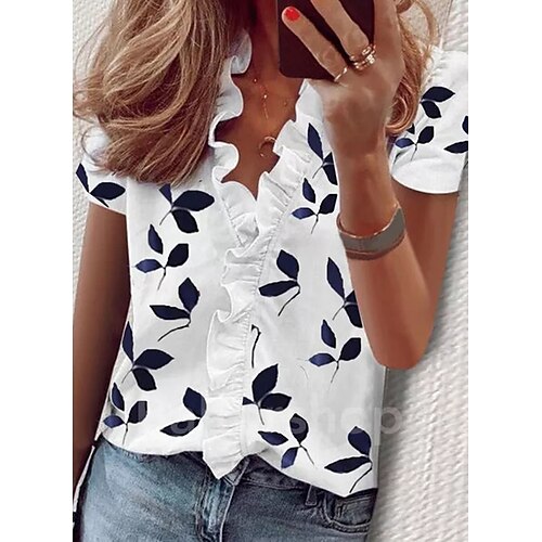 

Mujer Camisa Blusa Blanco Hojas Volante Estampado Manga Corta Diario Fin de semana Ropa de calle Casual Escote en Pico Regular Flor S