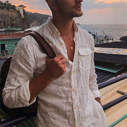 

Men's Shirt Solid Color Turndown Street Casual Button-Down Long Sleeve Tops Casual Fashion Breathable Comfortable White