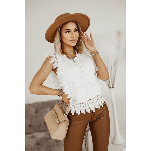 

Women's Tank Top Plain Cut Out Patchwork Lace Trims Round Neck Casual Tops White