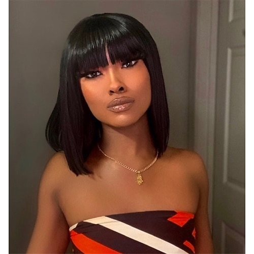 

Short Bob Human Hair Wig With Bangs Fringe Cheap Full Machine Made Glueless For Black Women Straight Virgin Brazilian Pixie Cut