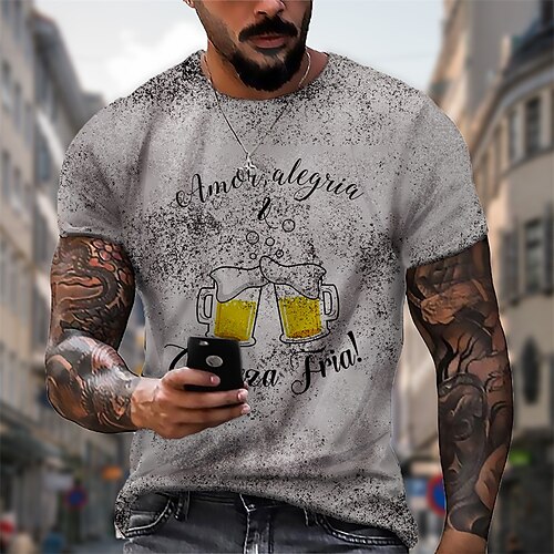 

Men's T shirt 3D Print Graphic Beer Crew Neck Casual Daily Print Short Sleeve Tops Fashion Vintage Designer Big and Tall Gray