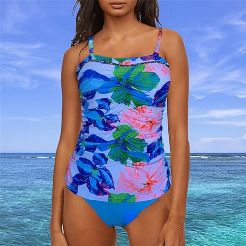 

Mulheres Roupa de Banho Tankini 2 partes Normal roupa de banho Sem costas Estampado Flor Azul Camisola Com Alças Fatos de banho novo Férias Moda / Moderno / Com Bojo