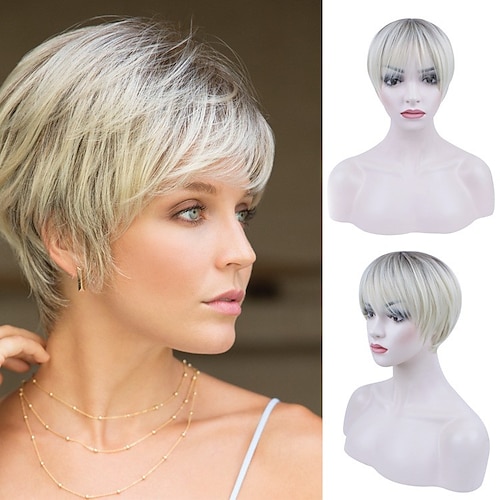 

Synthetic Wig Natural Straight Bob Neat Bang Machine Made Wig 8 inch Bleach Blonde#613 Synthetic Hair 8-9 inch Women's Color Gradient Comfy Fluffy Blonde Mixed Color / Daily Wear