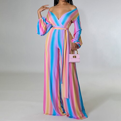 

Women's Jumpsuit Lace up Print Striped V Neck Casual Street Casual Wide Leg Regular Fit Long Sleeve Pink S M L Spring