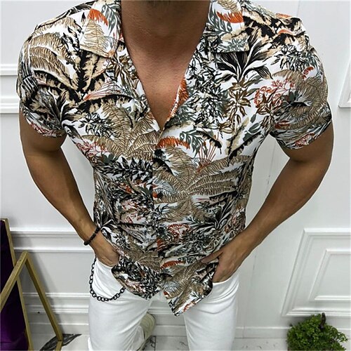 

Men's Shirt Print Leaves Turndown Street Casual Button-Down Short Sleeve Tops Casual Fashion Breathable Comfortable Khaki