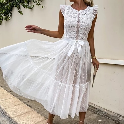 

Women's A Line Dress Midi Dress White Black Pink Sleeveless Floral Polka Dot Layered Ruffle Mesh Spring Summer Crew Neck Party Stylish Elegant 2022 S M L XL XXL / Party Dress
