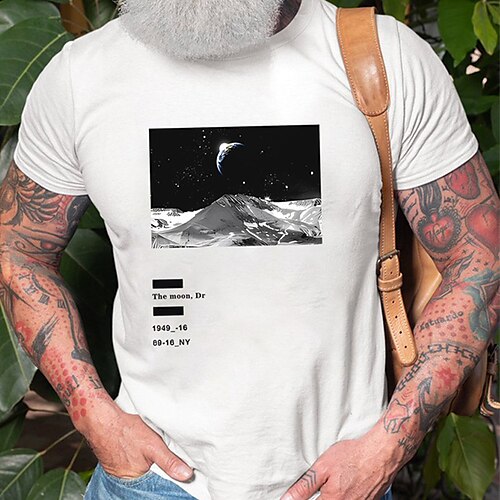 

Men's T shirt Hot Stamping Graphic Moon Crew Neck Casual Daily Print Short Sleeve Tops Basic Fashion Comfortable Big and Tall White