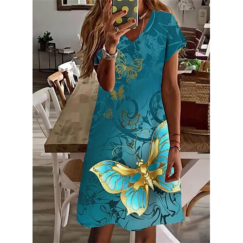 

Mulheres Vestido casual Vestido de turno Azul Manga Curta Animal Imprimir Primavera Verão Decote V Ajuste Largo 2022 S M L XL XXL 3XL