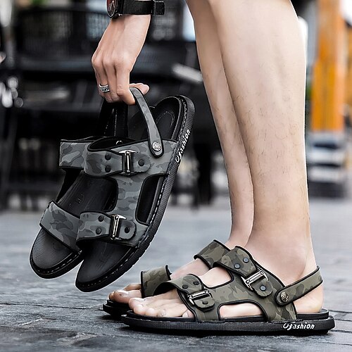 

Men's Sandals Sporty Casual Roman Shoes Daily Outdoor PU Green Gray Camouflage Spring Summer