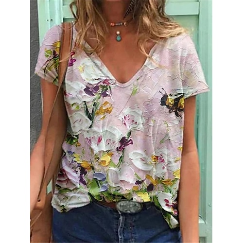 

Women's T shirt Tee Light Green Pink Blue Graphic Flower Print Short Sleeve Daily Basic V Neck Regular Floral S