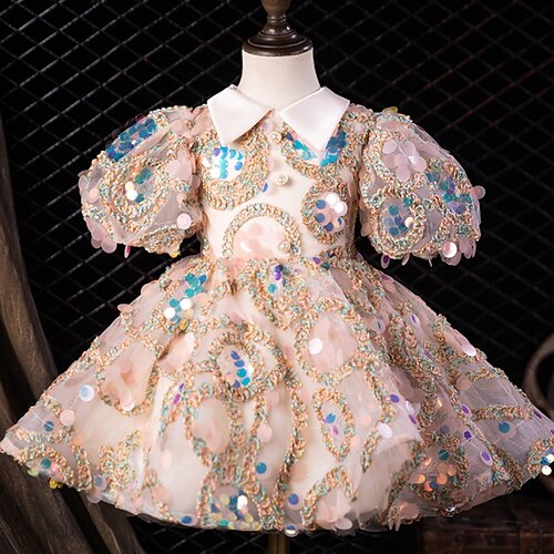 

Kids Girls' Dress Graphic A Line Dress Knee-length Dress Birthday Sequins Linen Short Sleeve Cute Dress 3-12 Years Spring Pink