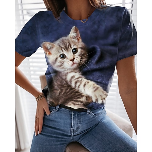 

Women's T shirt Tee Green Blue Pink Cat 3D Print Short Sleeve Casual Weekend Basic Round Neck Regular 3D Cat Painting S