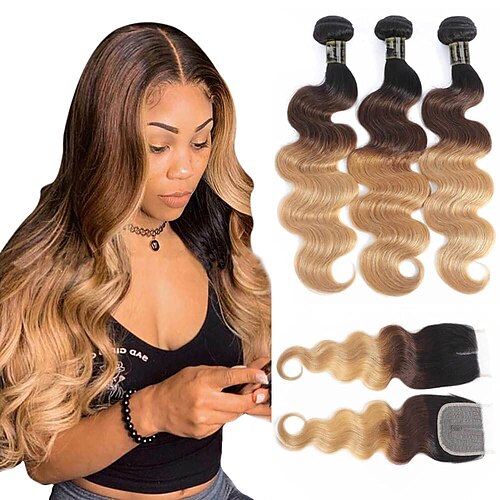 

3 Bundles with Closure Hair Weaves Brazilian Hair Water Wave Human Hair Extensions Remy Human Hair Natural Color Hair Weaves / Hair Bulk 12-26 inch Brown Natural Soft Classic Easy to Carry