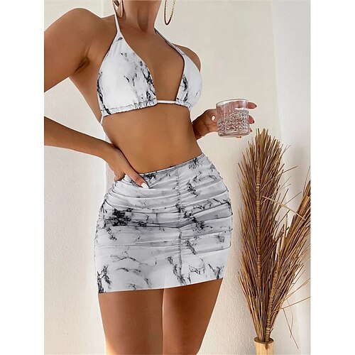 

Women's Swimwear Bikini Three Piece Normal Swimsuit Open Back Printing string Tie Dye White Blue Orange Brown Halter V Wire Bathing Suits New Vacation Fashion / Sexy / Modern / Padded Bras