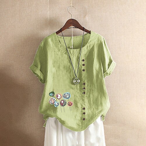 

Women's Plus Size Tops T shirt Tee Floral Button Print Short Sleeve Streetwear Daily Vacation Cotton Spring Summer Green Pink