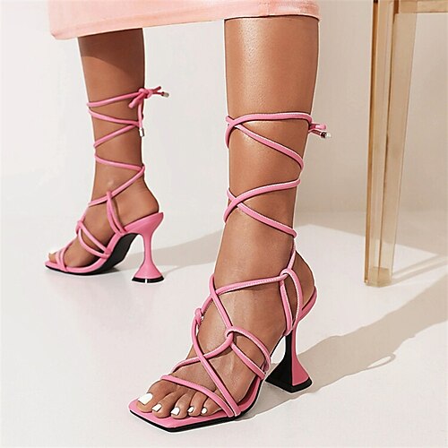 

Damen Sandalen Täglich Sommer Flare Heel Peep Toe Minimalismus PU Leder Schnürsenkel Einfarbig Schwarz Rosa Grün