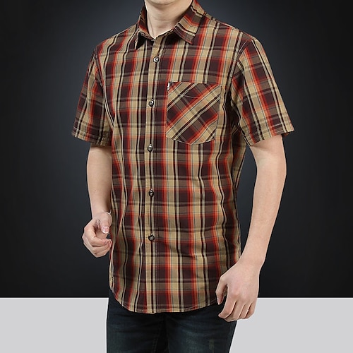 

Men's Shirt Lattice Turndown Street Casual Button-Down Short Sleeve Tops Casual Fashion Breathable Comfortable Blue Khaki Coffee