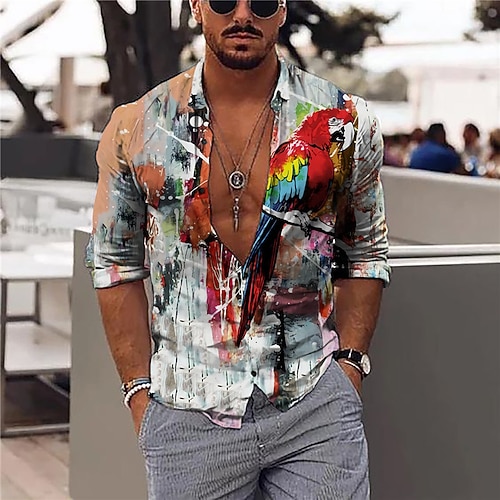 

Men's Shirt 3D Print Gradient Parrot Turndown Casual Daily 3D Print Button-Down Long Sleeve Tops Casual Fashion Designer Comfortable White