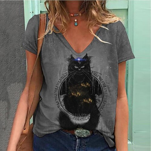 

Women's Cat Painting T shirt Cat Dog Animal Print V Neck Basic Tops Purple Dark Gray Navy Blue / 3D Print