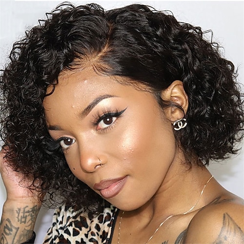 

Pixie Cut Curly Bob Wig Lace Front Human Hair Wigs For Women 4x4 Closure Wig Human Hair Wigs Pre-plucked Remy 150%/180% Density Cheap Wig