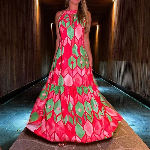 

Women's A Line Dress Maxi long Dress Red Sleeveless Geometric Print Spring Summer Round Neck Elegant Vacation 2022 S M L XL XXL