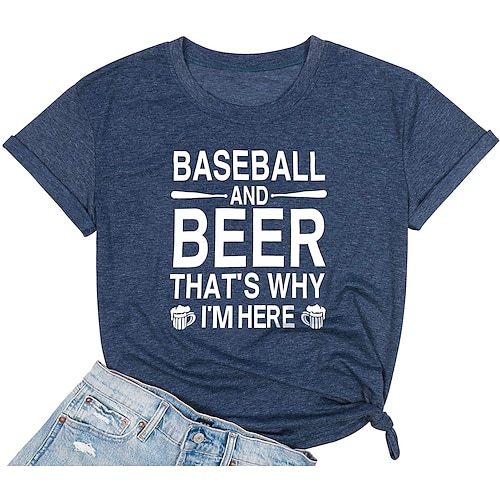 

Women's Painting T shirt Text Print Round Neck Basic Tops Navy Blue
