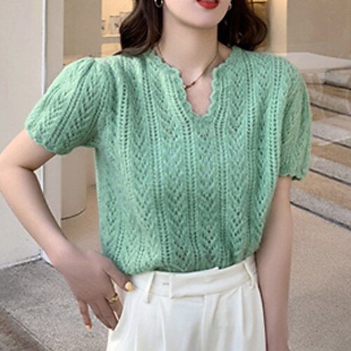 

Women's Sweater Pullover Jumper Knitted Hole Solid Color Stylish Casual Soft Short Sleeves Sweater Cardigans V Neck Fall Spring Green Blue Pink