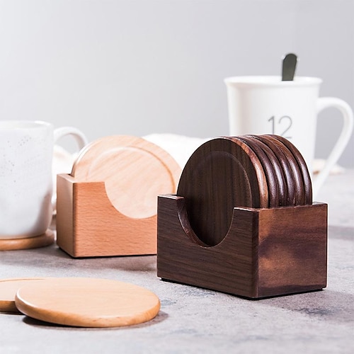 

Wooden Coasters for Drinks - Natural Acacia Wood Drink Coaster Set for Drinking Glasses, Tabletop Protection for Any Table Type, Set of 6