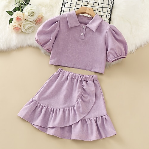 

2 pezzi Bambino Da ragazza T-shirt e Gonna Completo Vestito Tinta unica Manica corta Con balze Cotone Impostare Scuola Di tendenza Informale Autunno Primavera 4-13 anni Viola Verde chiaro