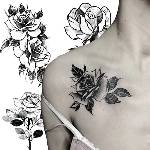 

28PCS Black Temporary Tattoo Sticker Flower Leaf Body Legs Arm Art Realistic Fake Tattoo Festival Party Bikini Women Girls MakeUp