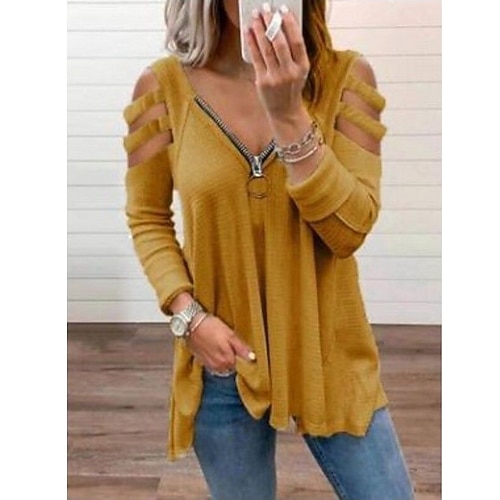 

Women's Pullover Jumper Knit Hollow Out Zipper Pure Color V Neck Stylish Casual Daily Holiday Fall Spring S M L / Long Sleeve / Regular Fit / Going out