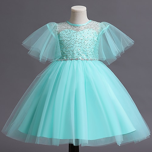 

Kids Girls' Dress Solid Colored A Line Dress Knee-length Dress Party Sequins Short Sleeve Cute Dress 3-12 Years Spring Green Pink Champagne