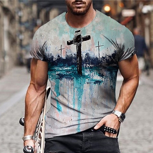 

Men's Unisex T shirt 3D Print Graphic Prints Cross Crew Neck Street Daily Print Short Sleeve Tops Casual Designer Big and Tall Sports Blue