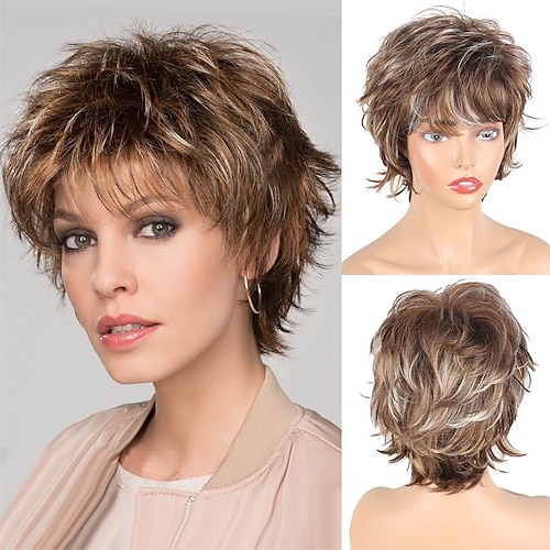 

Short Brown Wigs for Women Pixie Cut Wig with Bangs Layered Straight Curly Wigs for White Women Shaggy Full Synthetic Wig Wavy Curly Medium Length Mixed Brown Highlight Wig For Daily Party