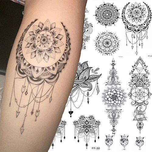 

5 pz mandala fiore impermeabile autoadesivo del tatuaggio temporaneo fai da te nero grande fiore body art trasferimento dell'acqua tatuaggi finti donne